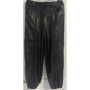 Simkhai Black Sofia Faux Leather Cargo Pants Relaxed Leg Drawstring Hem Size 4